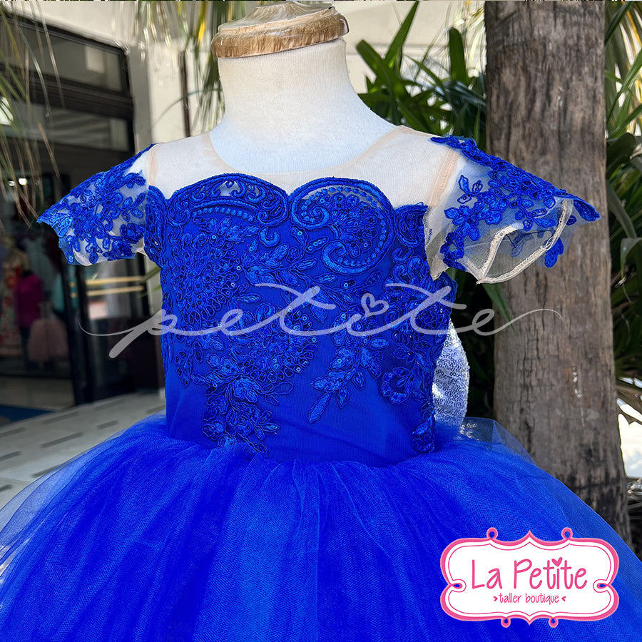 vestido azul top encaje con cola