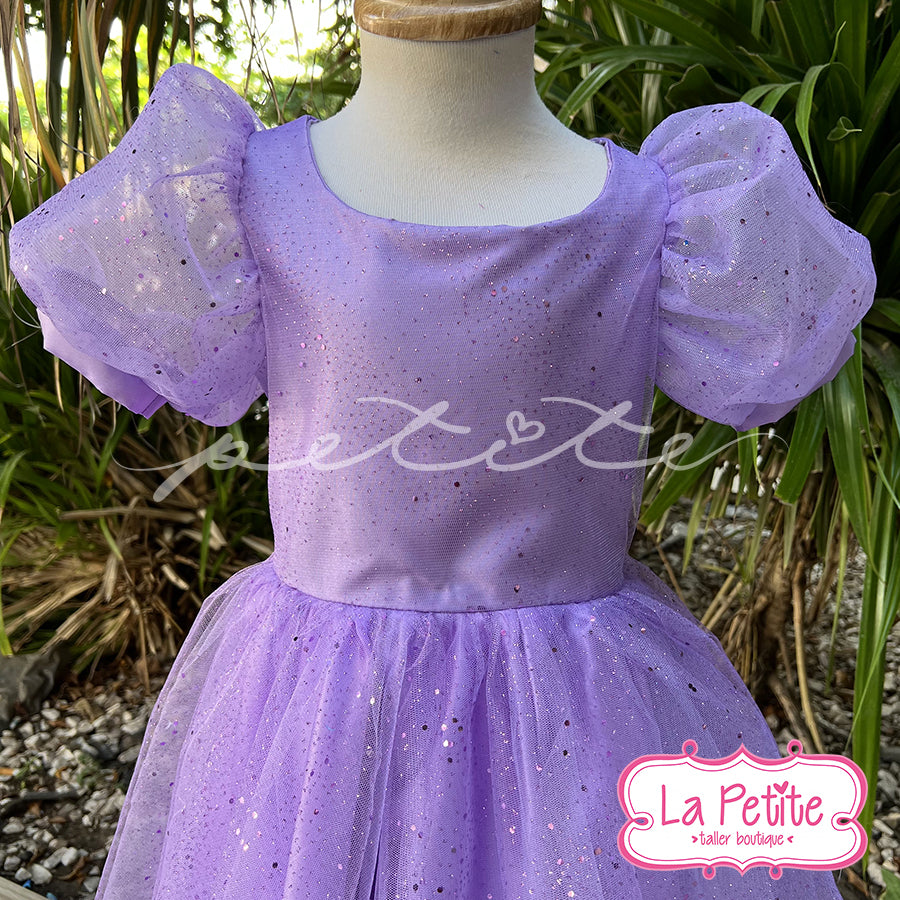 vestido morado manga bombacha
