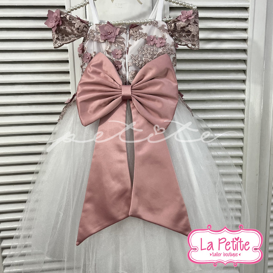 Vestido blanco top encaje flores rosa palo