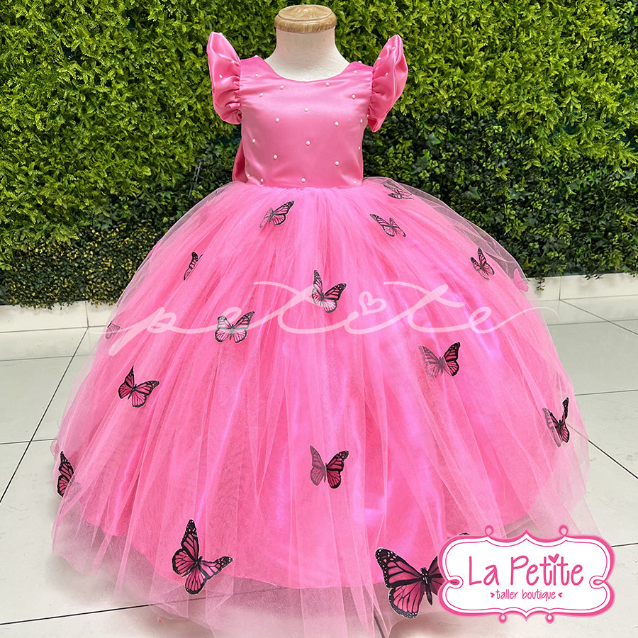 Vestido Mariposas Rosa Con Cola y Aro