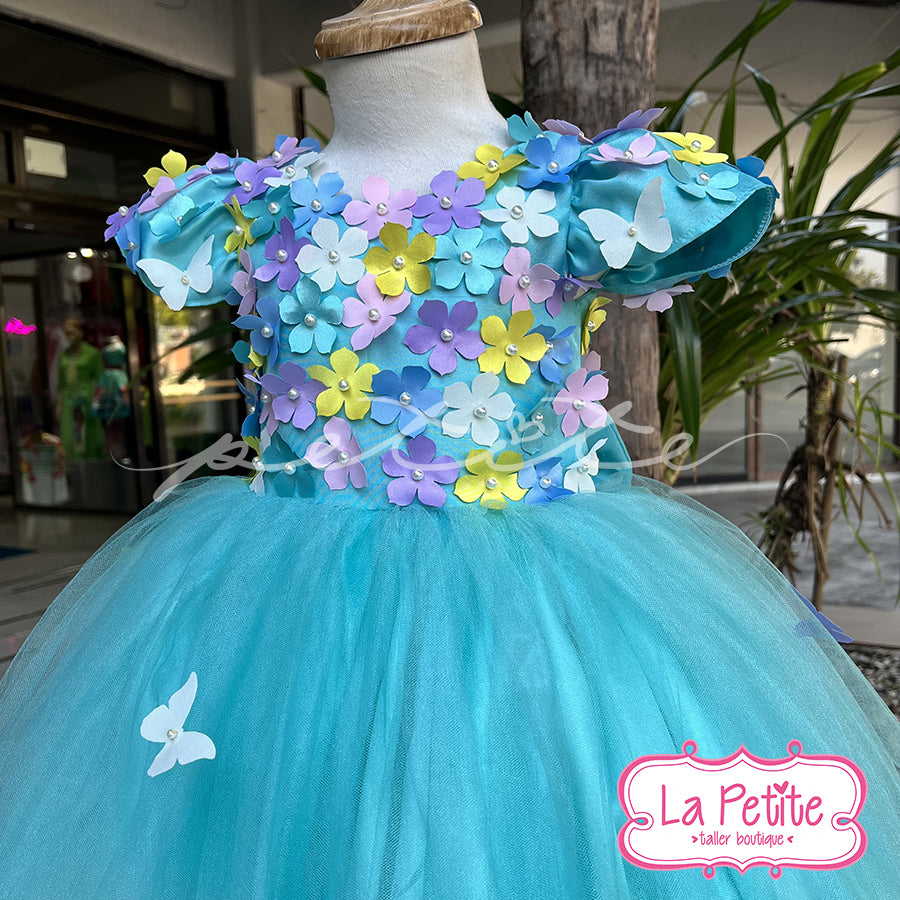 Vestido top flores azul con falda mariposas