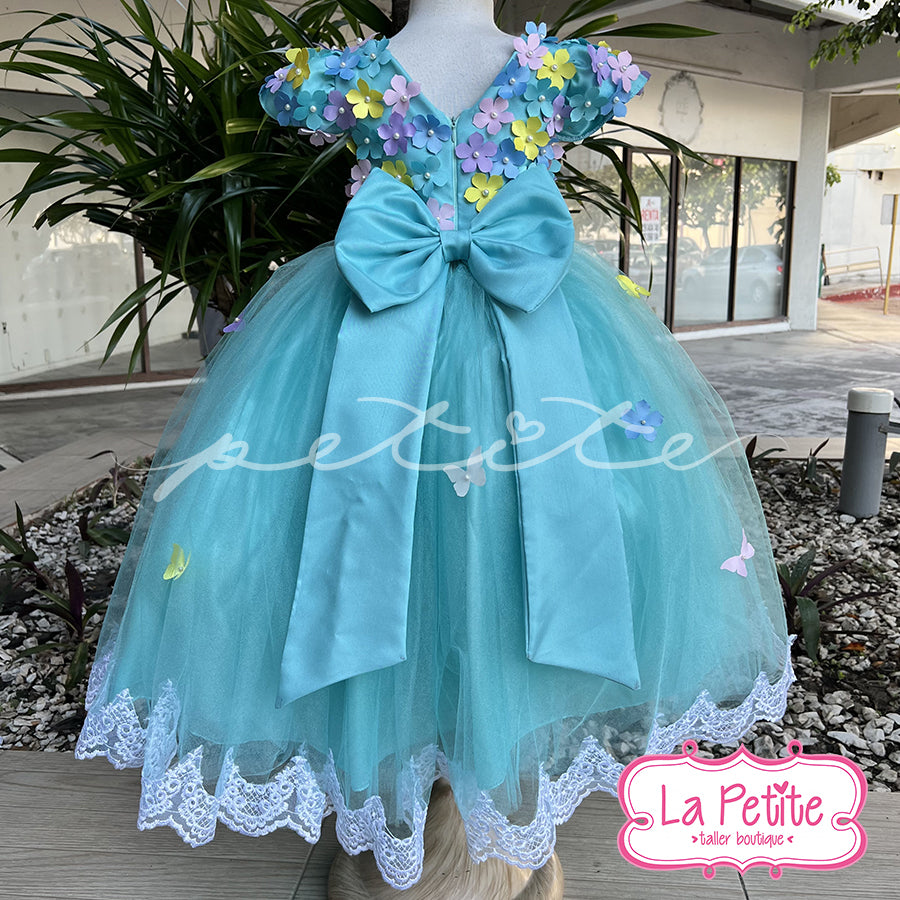 Vestido top flores azul con falda mariposas