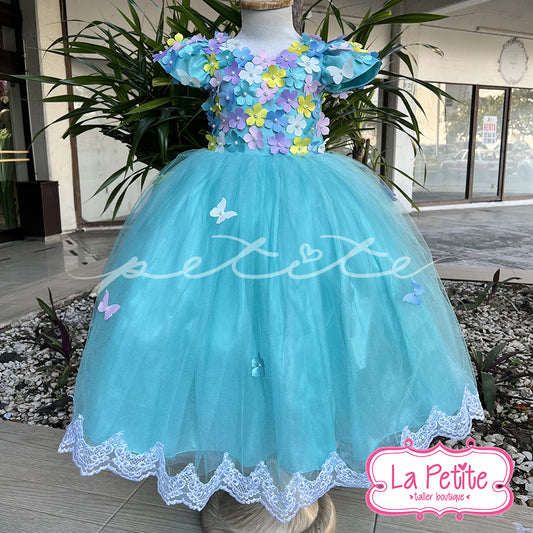 Vestido top flores azul con falda mariposas