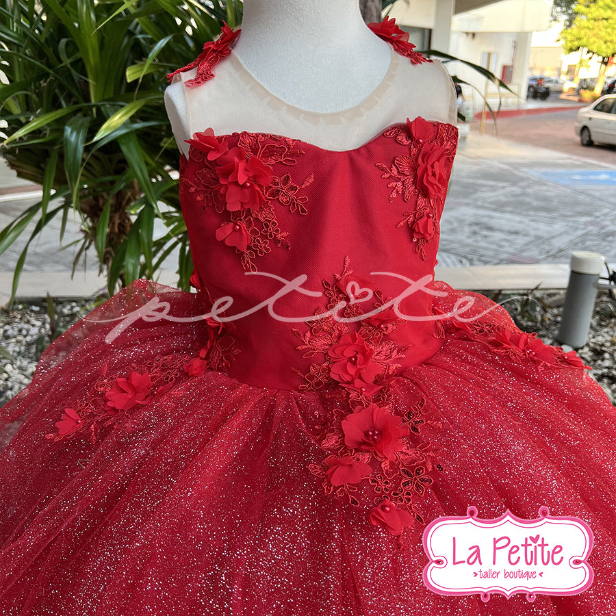 Vestido Rojo Encaje Falda Glitter