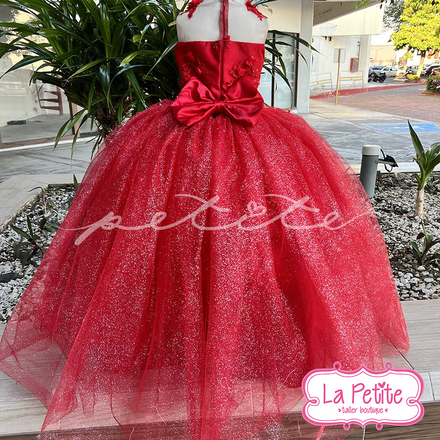 Vestido Rojo Encaje Falda Glitter