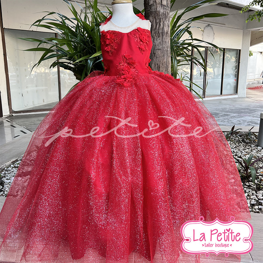 Vestido Rojo Encaje Falda Glitter