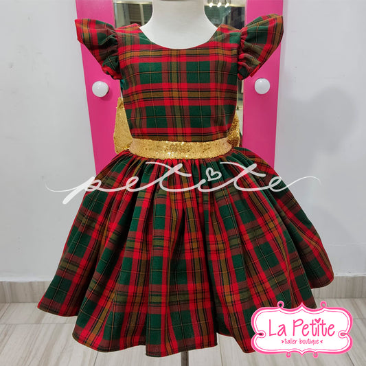 Vestido Cuadros Navideños Moño Dorado
