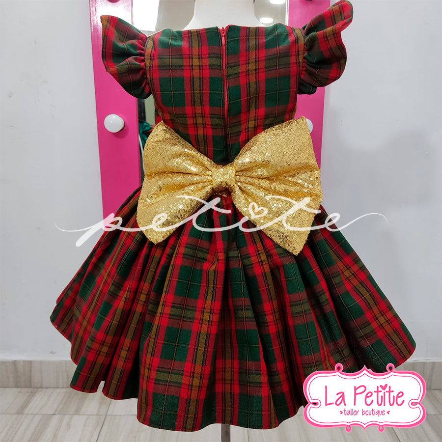 Vestido Cuadros Navideños Moño Dorado