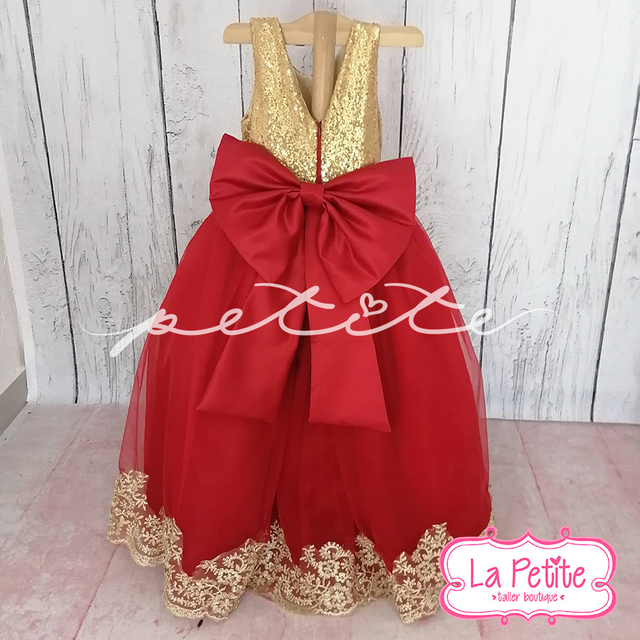 top dorado glitter con falda roja