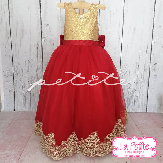 top dorado glitter con falda roja