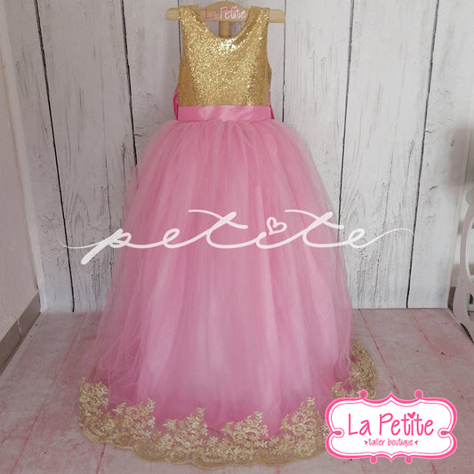 top dorado glitter con falda rosa