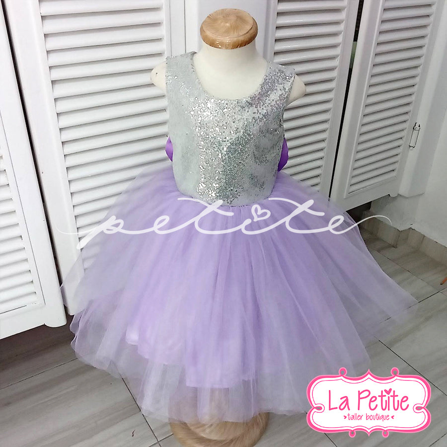 Vestido top plata tul lila corto