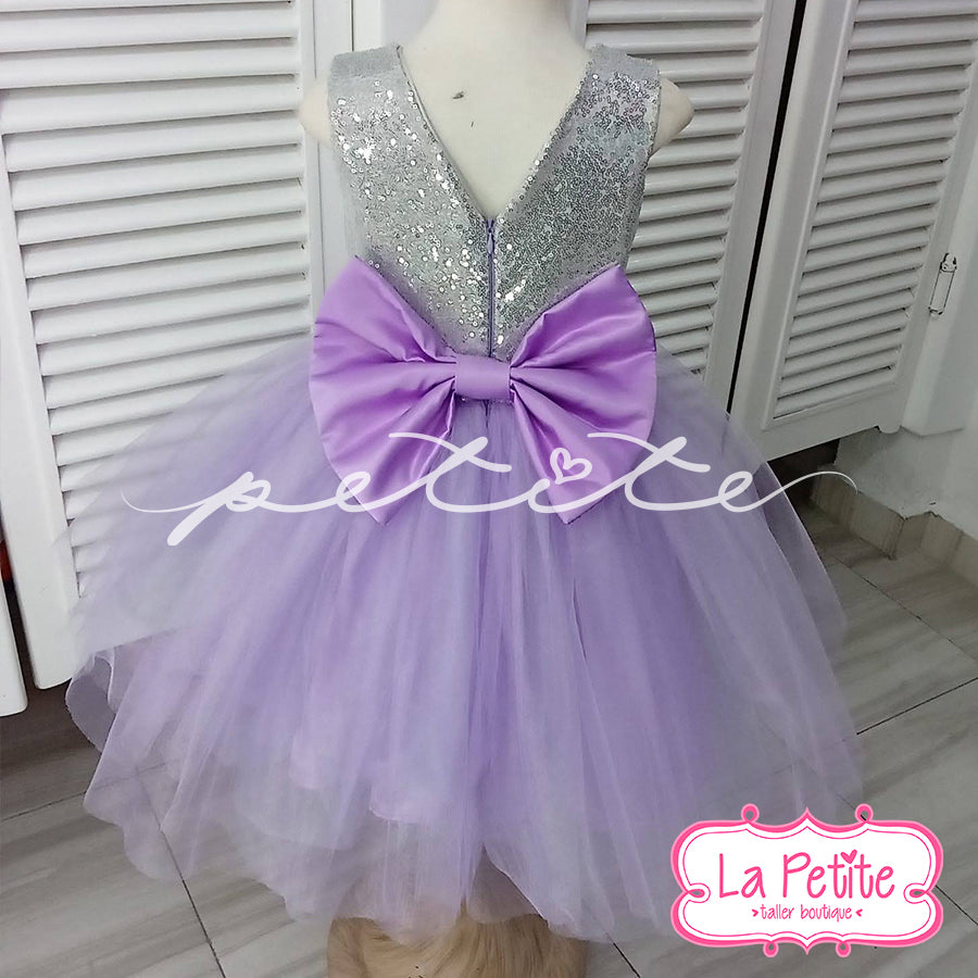 Vestido top plata tul lila corto