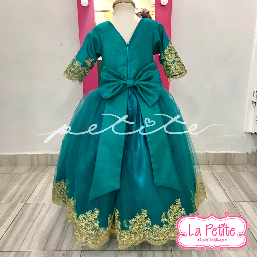 Vestido Verde Encaje Dorado